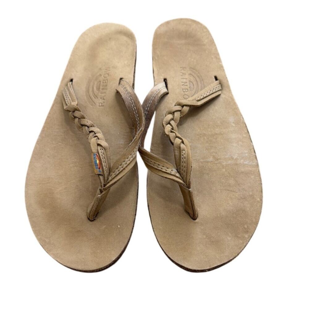 Rainbow Sandals Flirty Braided Leather Flip Flops Sierra Tan Wms Size L 7.5-8.5